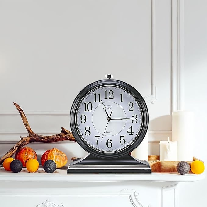 Retro Mantel Décor Desk Clock, 10-inch Vintage Table Clocks for Fireplace, Easy to Read Clocks for Living Room, Bedroom, Office, Desktop Decoration (Black)