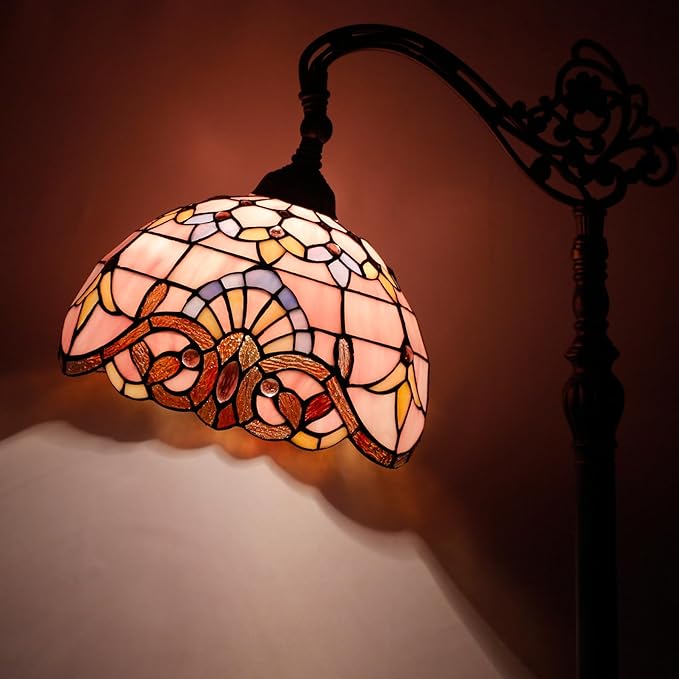 WERFACTORY Tiffany Floor Lamp Pink Baroque Stained Glass Arched Lamp 12X18X64 Inches Gooseneck Adjustable Corner Standing Reading Light Decor Bedroom Living Room S003P Series