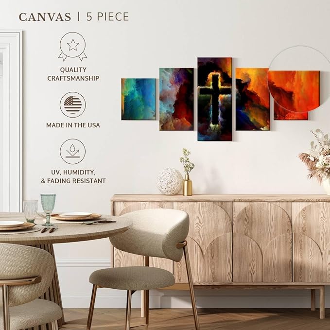 Elephant Stock Colorful Cross Wall Art Multi Piece Canvas - 5 Panel Christian Pictures Decor - Digital Design Canvas Print - Christian Wall Decor - 55" X 24"