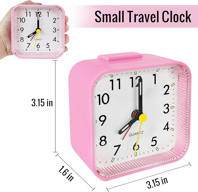 Small Pink Kids Desk Alarm Clock, Analog Travel Battery Operated Clock,Quieter Bedside Clocks for Girls' Bedrooms Bathroom Living Room Kitchen Shelf Clocks