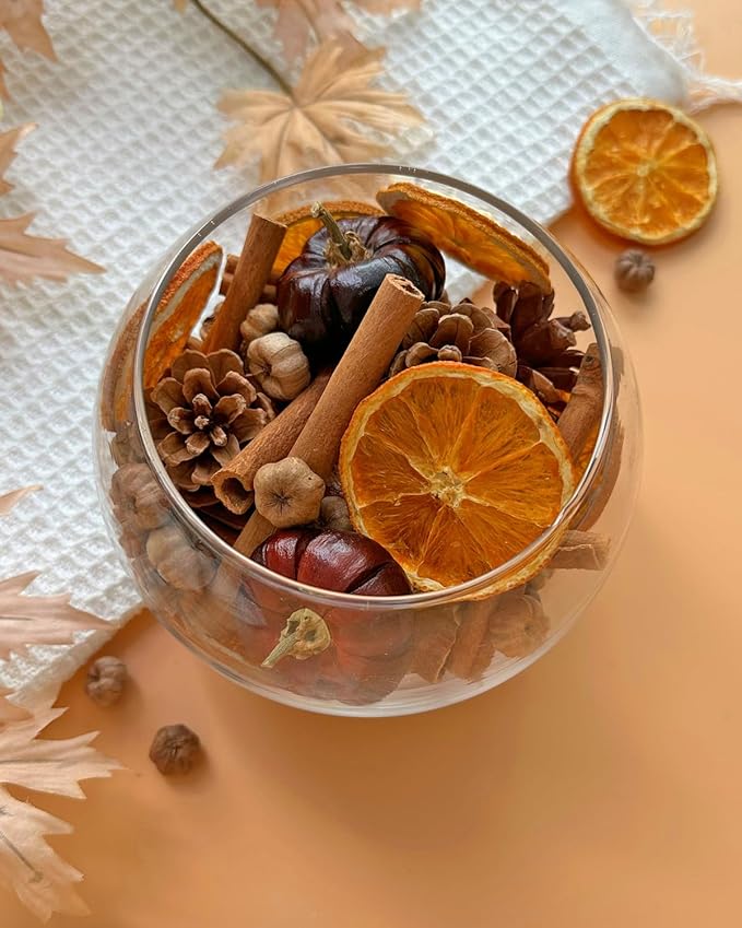 Fall Potpourri Bowl Filler with Mini Pumpkin, Cinnamon Stick, Dried Orange Slices, Pine Cone-Perfect for Farmhouse Harvest Christmas Thanksgiving Autumn Halloween Fall Potpourri