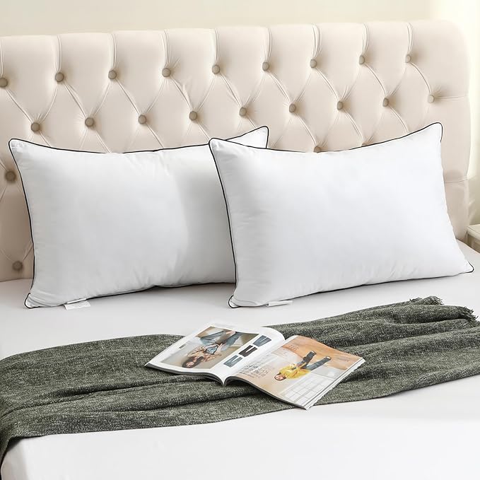 BPC Luxury Goose Feather Down Bed Pillows King Size Set of 2, Hotel Feather Pillows for Sleeping, 100% Organic Cotton Cover, Fluffy and Soft Support Surround Fill Polyester, Medium Firm, 20"x36"
