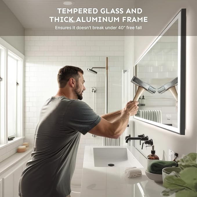 32x48'' LED Bathroom Mirror w/Light, Aluminum Frame, Dimmable Front & Backlit, Anti-Fog, Distortion Free, Light Memory, Tempered & Shatter-Proof Wall Mounted Vanity Silver Coating Mirror