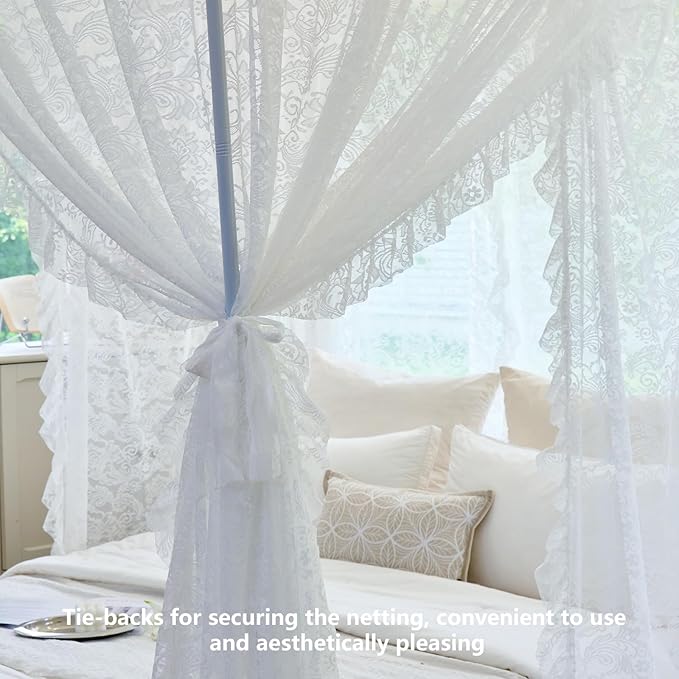 AIKASY Elegant Lace Princess 4-Poster Bed Canopy Mosquito Net - Romantic Wedding Bridal Bedroom Decor, Kids Room Bed Curtain for Women Adults - (White-3,Full)