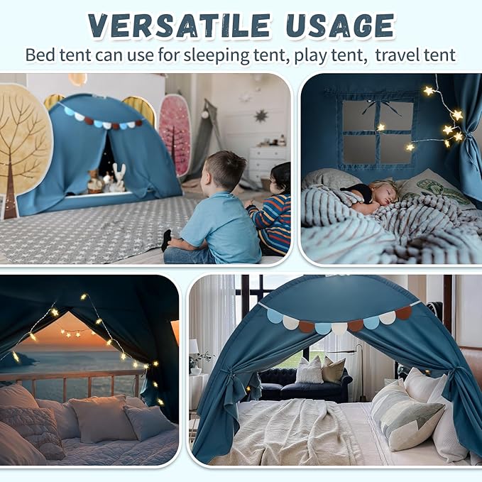Razee Full Size Bed Canopy for Kids, Boys Bed Tent Dream Privacy Sleeping Tents Indoor, Toddler Under Bunk Bed Tent with Pennant Banners