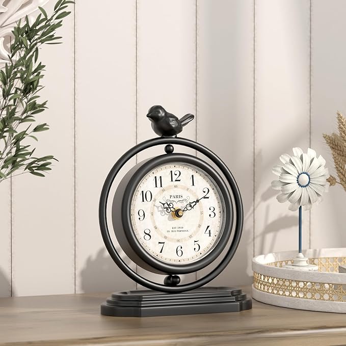 Black Vintage Table Clock with Bird, European Retro Style Mantel Clocks, Desk and Shelf Decor Clock, for Living Room, Farmhouse, Bedside, Bedroom, Gift (7.9" H x 6.3" W)