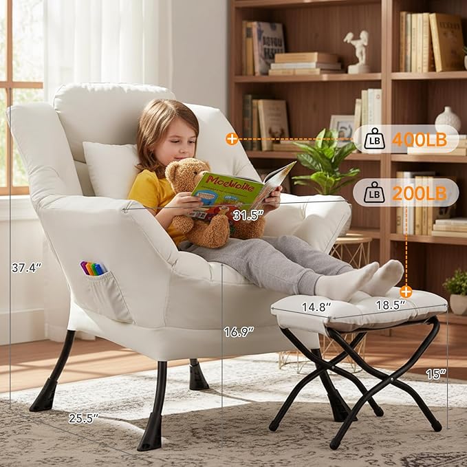 Lazy Chair with Ottoman, Large Lounge Accent Chair with Ottoman and a Throw Pillow, Beige Reading Chair for Living Room Bedroom Dorm Room Office Apartment Relaxing Use