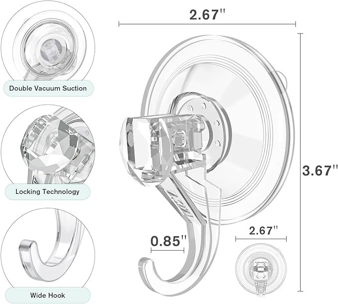 VIS'V Wreath Hanger, Large Suction Cup Wreath Hooks, Heavy Duty, 22 LB Capacity, Removable and Reusable, Clear, 2 Pcs