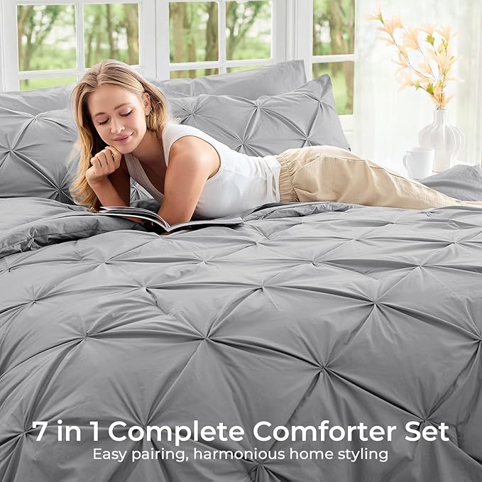 Sasttie Full Size Comforter Set, 7-Piece Bed in a Bag, Pintuck Bedding Sets for All Season, Includes Comforter, Flat Sheet, Fitted Sheet, Pillowcases and Pillowshams, Light Grey