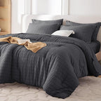 MUXHOMO 7 Pieces Queen Comforter Set, Seersucker Bed in a Bag Queen Size, All Season Luxury Bedding Set with Comforter, Flat Sheet, Fitted Sheet, Pillowcases & Shams, Dark Grey