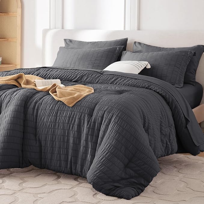 MUXHOMO 7 Pieces Full Comforter Set, Seersucker Bed in a Bag Full Size, All Season Luxury Bedding Set with Comforter, Flat Sheet, Fitted Sheet, Pillowcases & Shams, Dark Grey