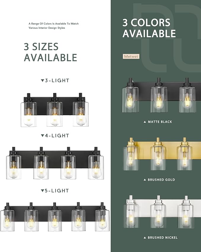 3-Light Bathroom Light Fixtures, Black Vanity Light with Cylinder Clear Glass Shade, Modern Vanity Lighting Fixtures Over Mirror, VL143-MB-3