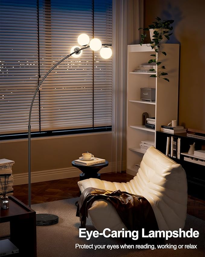 Lightdot Black Arc Floor Lamp for Living Room, 4 Globe Floor Lamp with Shatterproof Shade& Mable Base, Mid Century Modern Tall Standing Lamp for Bedroom/Sofa Beside/Corner Decor(Bulbs Included)