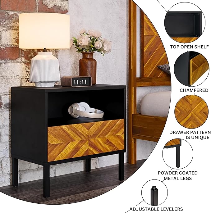 Bme Vivian Solid Wood Nightstand, End Table, Bedside Table with Herringbone Pattern for Rustic Bedroom, Easy Assembly, Rustic Golden Brown and Black