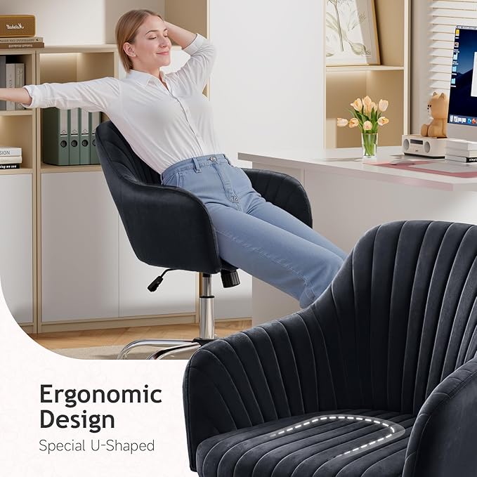 Warmiehomy Velvet Desk Chair for Home Office, Modern Adjustable Swivel Task Chair, Women Vanity Chairs with Arm Rest for Bedroom Dressing Room, Black