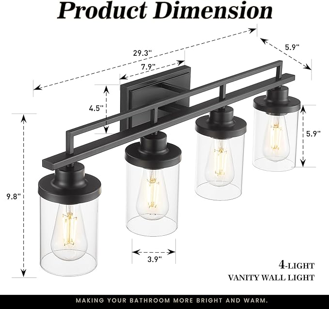 Emliviar 4 Light Vanity Lights Over Mirror with Clear Glass, 29.3" Matte Black Bathroom Vanity Lighting for Living Room, YCE238B-4W BK