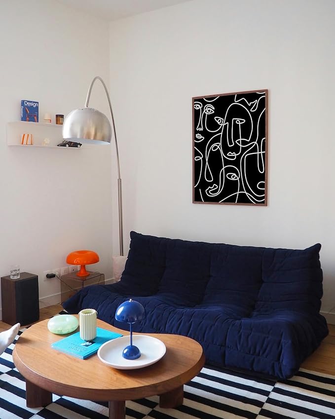 Abstract Face Pattern Wall Art Black Background White Continuous Line Drawing 24x36 Inch Oak Wood Walnut Framed Modern Diverse Portrait for Living Room Decor