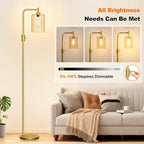 【Upgraded】Gold Dimmable Floor Lamp for Living Room with Amber Glass Lampshade, Glass Modern Floor Lamp with 900LM Bulb Included, Bright Standing Tall Lamp for Bedroom, Office, Reading Room, Corner
