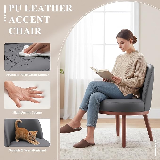 Accent Chair Mid-Century Modern Chair PU Leather Upholstered Armless Chair Set of 1, Suitable for Living Room, Bedroom, Balcony,Dark Gray