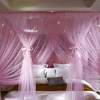 VETHIN 4 Corners Post Princess Bed Canopy Curtain Double Layer Cozy Drape Netting 4 Opening Mosquito Net for Girls & Adults Bedroom Decoration Accessories (Double Pink, 64" W*82" L*82"*H/(Queen))