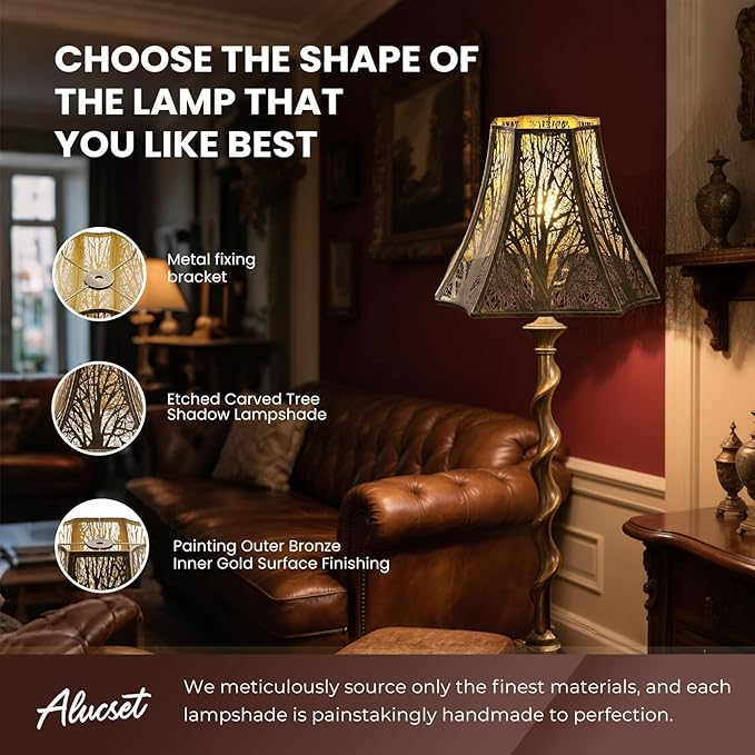 ALUCSET Metal Lamp Shade, Octagonal Cut Corner Lampshade 6.2×13×10.8" Large Antique Bronze Lampshades Replacement for Table Lamps and Floor Lamp, Modern Etching Progress with Forest Pattern