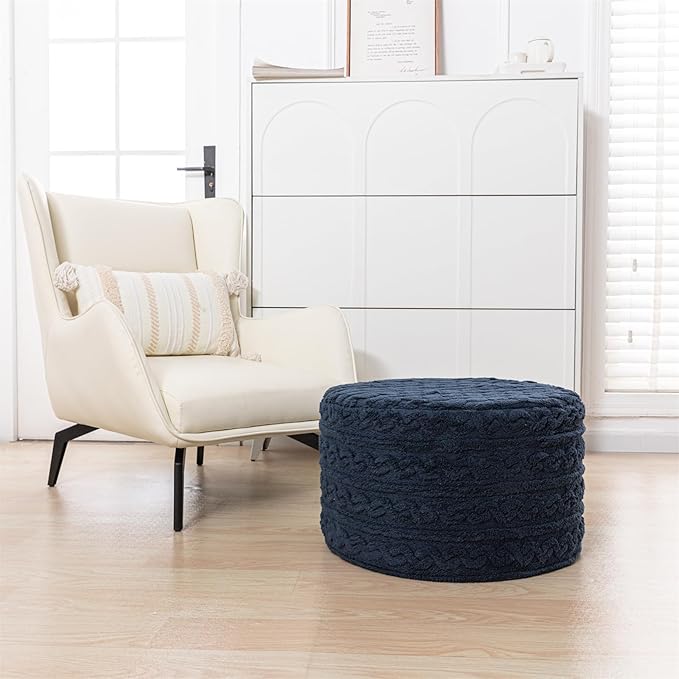 Asuprui Round Pouf Ottoman Stuffed Pouf Foot Stool Floor Chair for Living Room Bedroom Filled Boho Poof Foot Rest for Couch 20 Diameter x 12 Height Navy Blue Pouf with Filler
