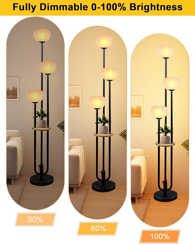 Lightdot Black Floor Lamp with Table, Modern Dimmable Floor Lamps with Pumpkin Lampshade, 3000K Warm White Bulbs Included, 3-Light Tall Standing Lamp for Living Room/Bedroom/Sofa Beside/Corner Decor