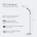 Brightech Litespan Slim LED Floor Reading Lamp with Adjustable Gooseneck for Living Rooms & Offices, Dimmable Standing Lamp for Bedroom - Silver