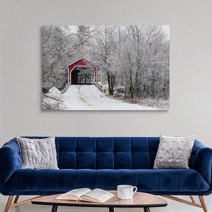 CANVAS ON DEMAND Red Covered Bridge in the Winter; Adamsville Quebec Canada Canvas Wall Art Print by David Chapman, Home Decor, Frost, Winter Artwork, 60"x40"