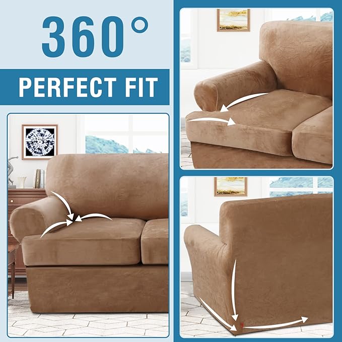 Sofa Cover 4 Piece T Cushion Sofa Slipcovers Thick Velvet Couch Cover Furniture Protector Stretch Sofa Covers for 3 Cushion Couch with 3 Individual T Cushion Covers Washable, Camel