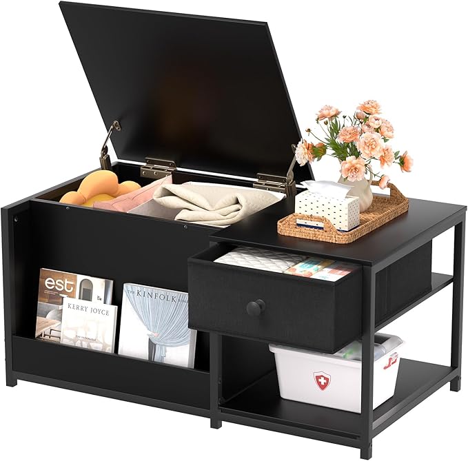 SINPAID Coffee Table with Storage, Rectangular Coffee Tables for Living Room, Modern Coffee Table with Hidden Storage Compartment and Adjustable Shelves, Black