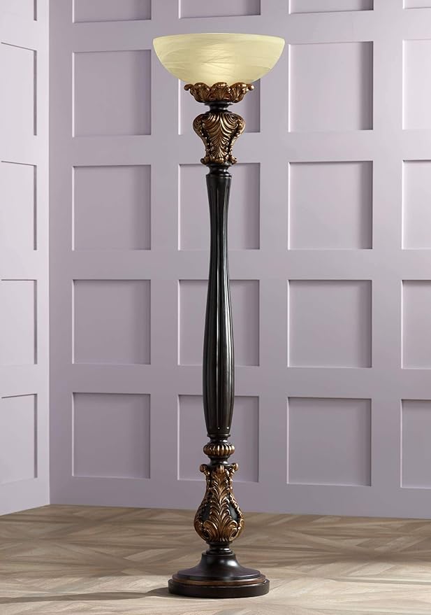 Barnes and Ivy Rita Traditional Victorian Torchiere Floor Lamp 75" Tall Carved Wood Amber Glass Shade Foot Dimmer Standing Light for Living Room Reading House Bedroom Home Office