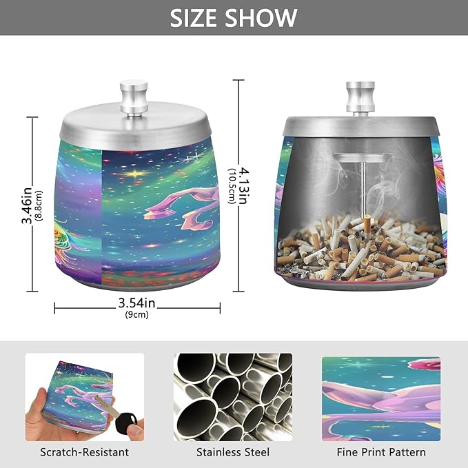 Rainbow Unicorn Ashtray with Lid, Outdoor Ashtrays for Patio, Stainless Steel Ashtray Odorless Smokeless for Home Office Balcony
