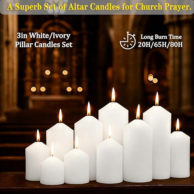 White Pillar Candles Bulk Set of 12, 3 Different Lengths 3 x 3/6/8 Inch (4 Each), Hurricane Candles, Dripless Unscented Smokeless, Gives You a Better Atmosphere When Organizing an Event Party.