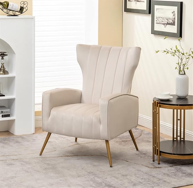 Modern Velvet Accent Chair, Channel Tufted Bedroom, Office or Living Room Furniture with Elegant Metal Legs, 26" Wide Armchair, Beige