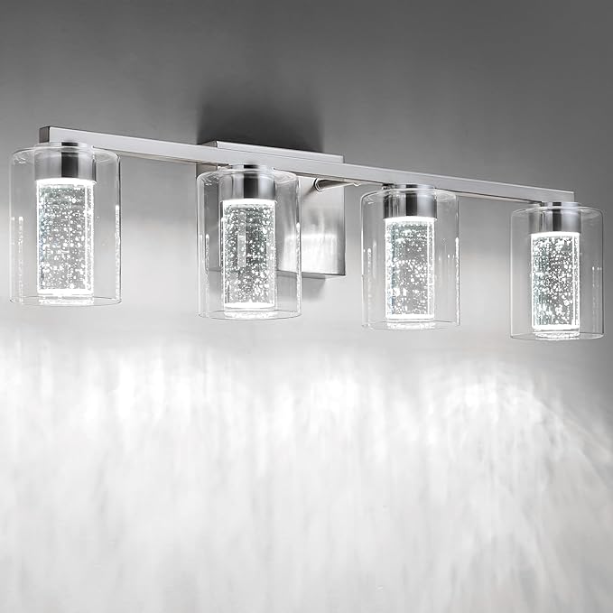SineRise 4-Light Brushed Nickel Vanity Light with 3 Color Modes (3000K/4000K/6000K), Eye Protection LED Bathroom Light Fixture, Dimmable Modern Wall Light Over Mirror with Clear Glass Shade