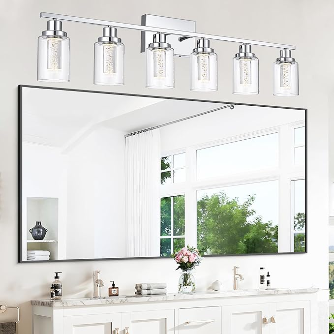 MELUCEE 6-Light LED Bathroom Vanity Light 5 Color Dimmable, Modern Chrome Vanity Lights Bathroom Light Bar Wall Sconce Lamp with Crystal Bubble Clear Glass Shade, Built-in LED Chips