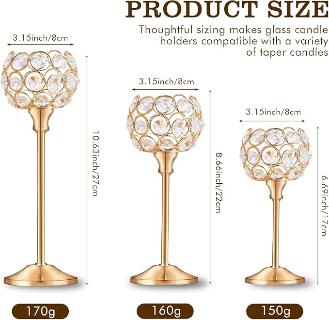 Crystal Metal Tealight Candlestick, Bling Bowl Candelabras, Tall Crystal Candle Holders Elegant Candle Centerpiece for Dining Table Wedding Home Mantel Decor(Golden, 2 Sets(6 Pcs))