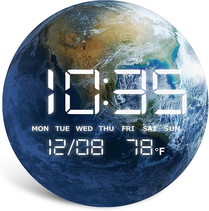 Digital Wall Clock, LED Moon/Earth Design, Temperature Display, 7.87 x 7.87 inches (Earth, 7.87 INCH)