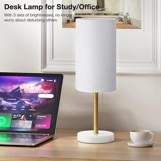 Dicoool Tall Bedside Table lamp for Bedroom - Luxury Marble Base & 3 Color Temperatures Bedside Lamps with USB Ports, Pull Chain Gold Table Lamps, White Nightstand Lamps for Living Room/Guest Room