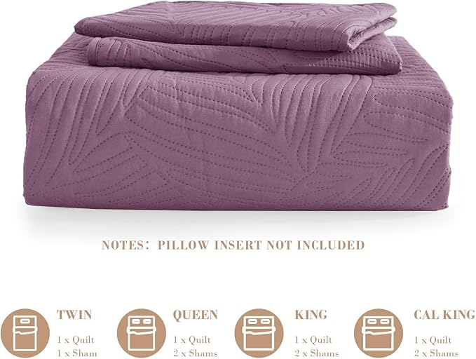 Exclusivo Mezcla King Size Quilt Bedding Set, Lightweight Dusty Lavender Quilts King Size for All Seasons, Soft Microfiber Bedspreads Coverlets Bed Cover with Leaf Pattern, 3 Piece