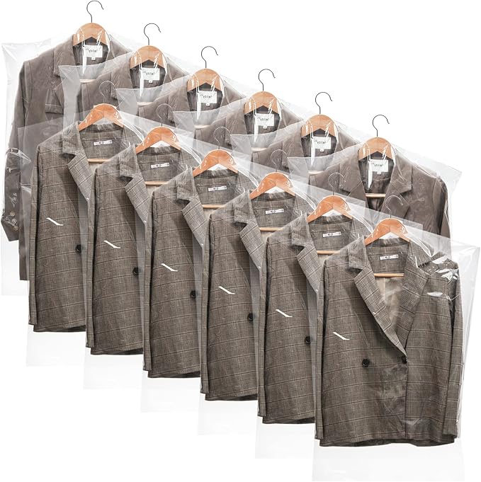 AVLA 50 Pack Plastic Garment Bags, Clear Hanging Dry Cleaner Bags, Transparent Hung Clothes Dust Cover, Lightweight Protector Bags for Closet Clothes Storage, Coat Suit Bag for Home, Laundry