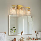 3 Light Brushed Gold Bathroom Vanity Light Over Mirror, Modern Vanity Lighting with Crystal Glass Shade, Wall Mount Bathroom Light Fixtures, E26 Base