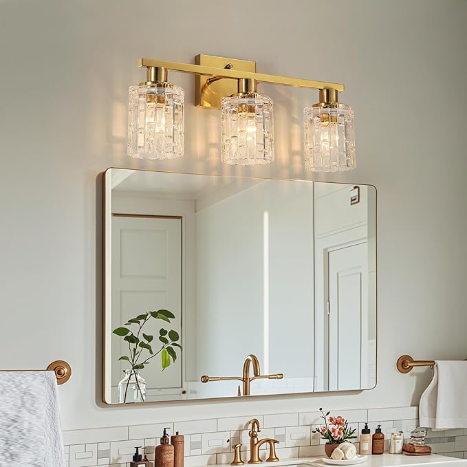 3 Light Brushed Gold Bathroom Vanity Light Over Mirror, Modern Vanity Lighting with Crystal Glass Shade, Wall Mount Bathroom Light Fixtures, E26 Base