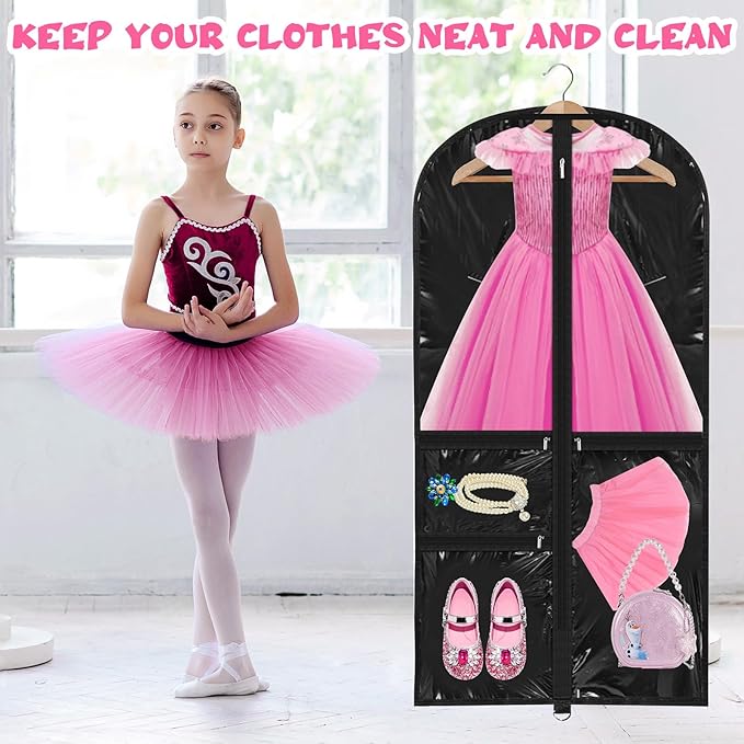 Windyun 10 Pack Garment Bags for Dance Costumes Kids 40 Inch Bags Hanging Clothes with 3 Clear Zipper Pocket Waterproof Garment Cover for Dance Competition, Travel, Closet Storage (Translucent Black)
