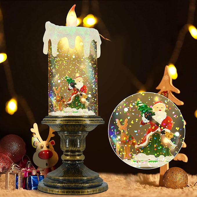 Christmas Flameless Candles, Flickering Flameless Candles with Timer, Christmas LED Candles Battery Operated, Snow Globe Candle Light for Christmas Decorations