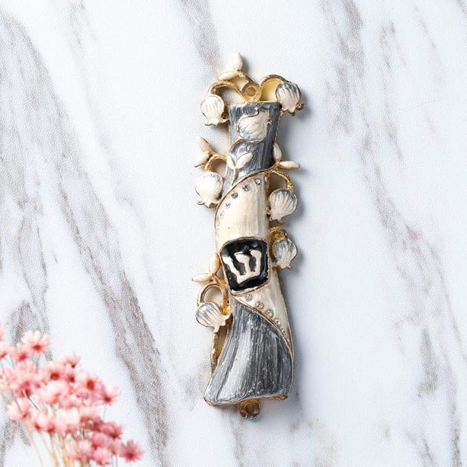 Matashi Hand Painted Mezuzah Gold Plated and Crystals (Grey & White Enamel)