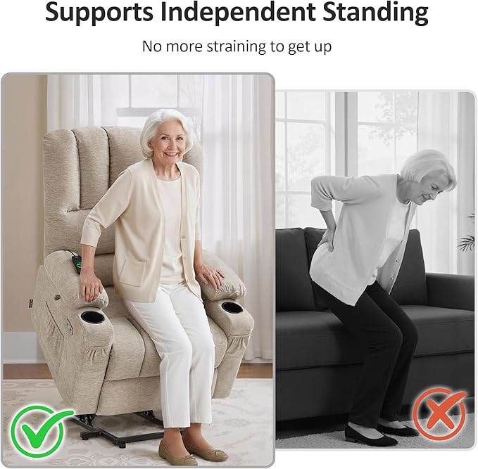 MCombo Large Power Lift Recliner Chair for Elderly, Lift Chair with Heat and Massage, 3 Positions, USB Charge Ports, Cup Holders, Fabric 7099 (Large, Beige)