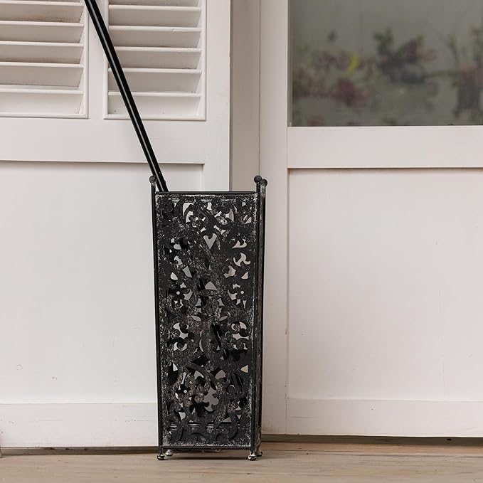 Vintage Metal Umbrella Holder Decorative Flower Design Square Umbrella Stands Entryway Organizer Bucket for Home/Office/Farmhouse - Holds Multiple Umbrellas, Walking Sticks & Canes (Black)