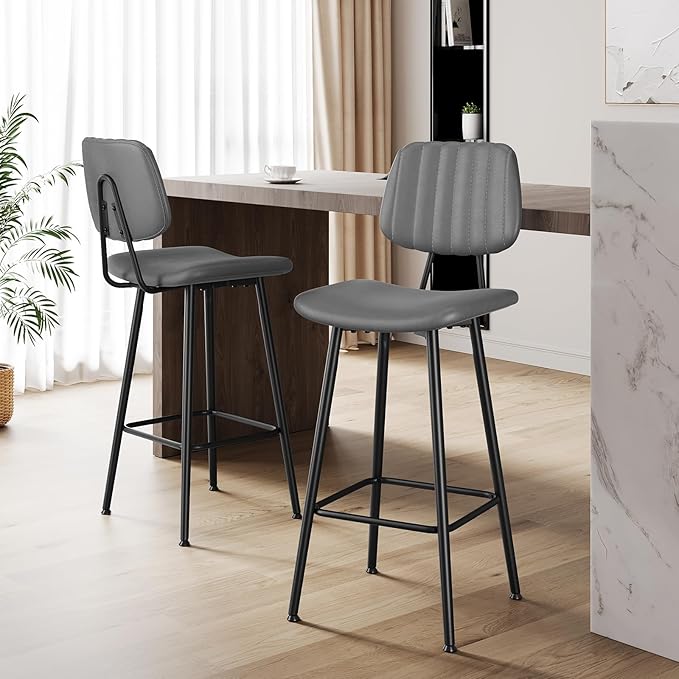 29-Inch Leather Bar Stools Set of 2, Counter Height Barstools with High Backrest，Bar Chairs for Kitchen Island with Heavy Duty Metal Base, Gray